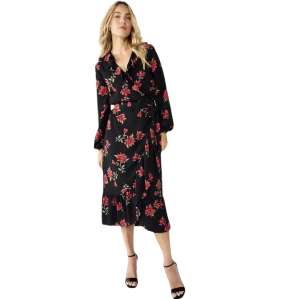 Draper James Wrap Midi Dress Black Red Floral Plus 3X Long‎ Sleeve Whimsigoth